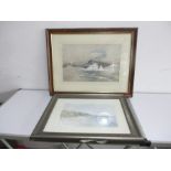 Two framed watercolours including a ship in choppy waters by Alan Hill Reid, along with a coastal