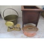 A set of brass scales, jam pan, wooden plater etc.
