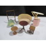 A collection of dolls house items including a wicker 2 seater settee and chair, linen basket,