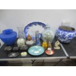 A collection of china, glass etc. including cut glass vases, Wedgwood jardinière etc.