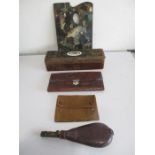 A wooden artists pallette, a leather shot flask, leather wallet with hallmarked silver edges etc.