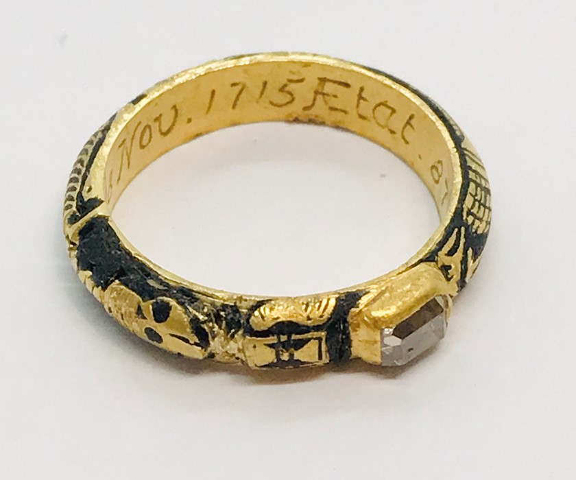 A mourning ring with black enamel detailing, old cut diamond solitaire engraved to inside RD ob 18th - Image 3 of 19