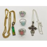 925 silver jewellery including a garnet cross, enamelled amethyst ring, pink opal ring etc