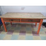 A part painted Victorian pine table with four plank "scrub" top, length 184cm