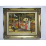 An Impressionist oil on board of ladies at a flower market, signed B Calrow