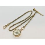 A 9ct gold watch chain with 9ct compass and a gold coloured watch key with moss agate seal, total