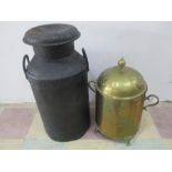 A vintage milk churn along with a brass coal bin