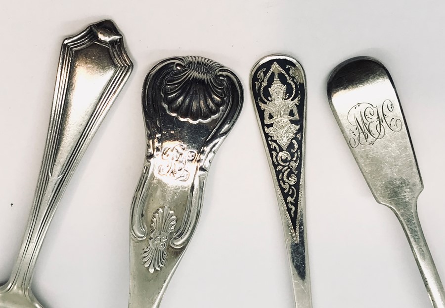 A collection of hallmarked silver cutlery including a Georgian rat tail spoon, ladle etc. Total - Image 2 of 2