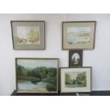 A collection of five various watercolours and oils paintings