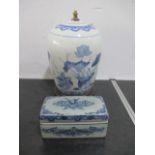 A large Chinese blue and white lamp base, along with modern Chinese box