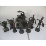 A collection of spelter figures, urn etc