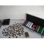 A collection of various vintage coins along with a cased poker set etc