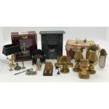 A collection of doll house related items including metal ware fireplace, lamps along with a dressing