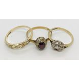 Two 9ct gold rings (both with stones missing) and one other 9ct gold ring - total weight 6.3g