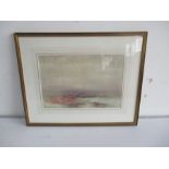 A framed watercolour of a moorland landscape with two cattle grazing, signed by the artist Charles E