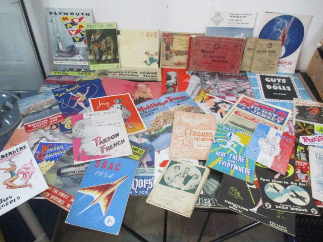 A collection of vintage theatre programmes, holiday brochures, including The Crazy Gang, Folies