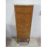 A French narrow chest of 7 drawers with marble top ( marble A/F), ormulu mounts- key in office