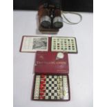 A pair of Ross binoculars in leather case, travelling chess, "Precious Gemstones" etc.