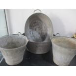 Two galvanised tin baths along with two galvanised buckets