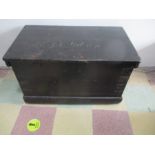 An antique metal bound trunk with name inscribed to lid (Gibson)