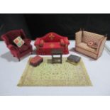 A collection of dolls house items including a Knoll settee, wing back armchair, classically styled