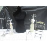 A collection of display stands, plate stands, jewellery models etc.