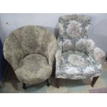 An Edwardian upholstered chair and one other tub chair