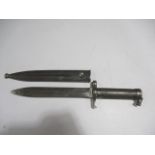 A Swedish Mauser bayonet M 1896 in metal scabbard- blade numbered 577, scabbard no.44