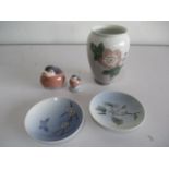 A collection of Royal Copenhagen including a vase, two robins and two small dishes