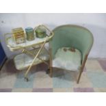 Three vintage tins including Colemans, along with a trolley & Lloyd Loom style chair