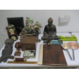 A collection of various items including a Buddha, trumpet vase, hardstone tree, various boxes etc.