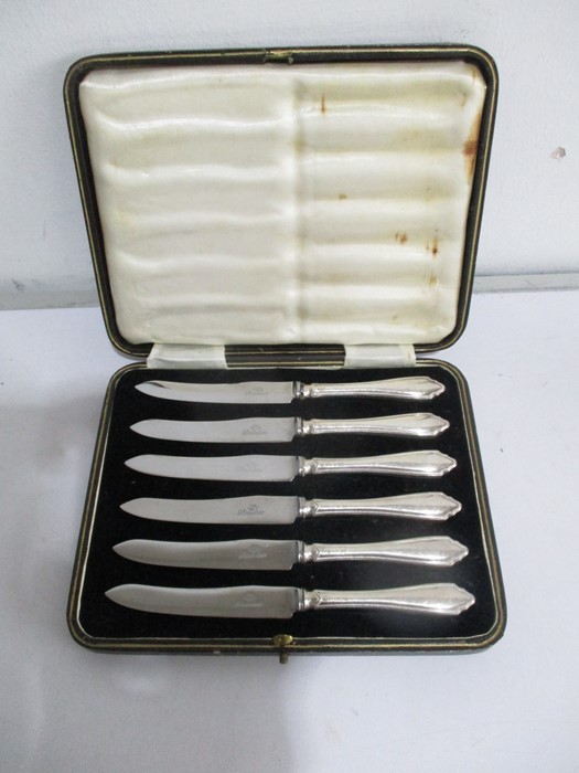 A cased set of knives with hallmarked silver handles, along with a hallmarked silver pot with - Image 2 of 9