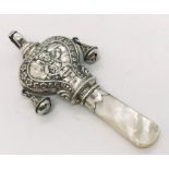 A hallmarked silver rattle with mother of pearl teether by Adie and Lovekin Ltd, 1920