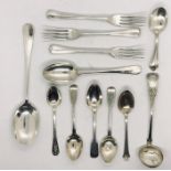 A collection of hallmarked silver cutlery including a Georgian rat tail spoon, ladle etc. Total