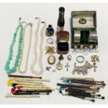 A collection of costume jewellery etc including 9ct scrap gold (19g), silver napkin ring, lace