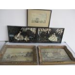 A pair of "Butterfly wing" style pictures along with a pair of watercolours signed R J Durrant and