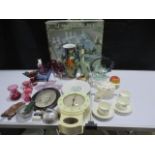 A collection of miscellaneous items including a glass chess set, dolls house colander, kettle and