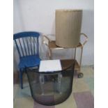 A metal tea trolley, Lloyd Loom linen basket, painted chair, firescreen etc.