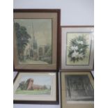 Various watercolours along with a print of Lincoln Cathedral