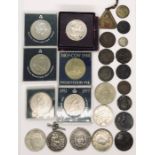 A collection of coins etc. including "a Brasher 1787 doubloon", 1937 Crown, 1849 five franc coin