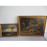Two framed oil paintings, one portrait of fruit along with a rural scene