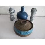 A Royal Lancastrian mottled blue vase along with 3 pieces of studio pottery