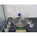 A collection of various glassware including a bowl, champagne flutes etc.