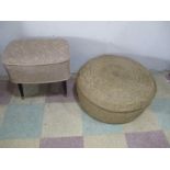 A mid century sewing box and contents along with a rattan style pouffe (A/F)