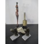 A brass "Jack" along with African carving bird bookends etc.