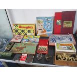 A collection of vintage toys and games including Chad Valley Steeplechase, Wills Woodbines dominoes,