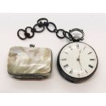 A hallmarked silver pocket watch (A/F) along with a mother of pearl purse