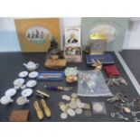 A collection of miscellaneous items including a part dolls tea set, buttons, various keys,