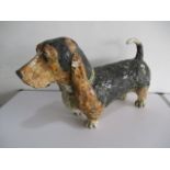 A large earthenware figure of a basset hound with signature to underside - Kerry Jameson 2002 - 67cm