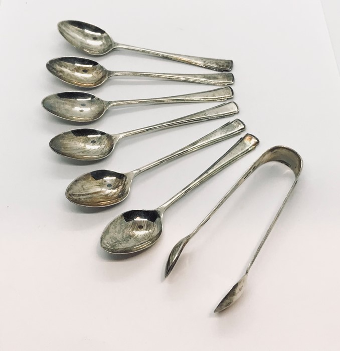 A cased set of hallmarked silver coffee spoons with sugar tongs - Image 3 of 3